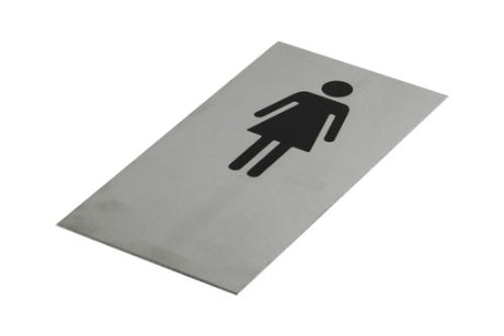 Adhesive Female Toilet Symbol in Black on brushed stainless steel, 200x100mm, designed for clear restroom designation.
