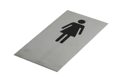 Adhesive Female Toilet Symbol in Black on brushed stainless steel, 200x100mm, designed for clear restroom designation.