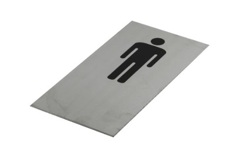 Black adhesive male toilet symbol sign in brushed stainless steel, 200 x 100 mm, ideal for clear restroom guidance.
