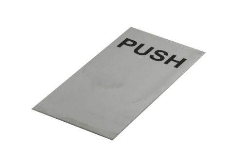Adhesive 'Push' sign in brushed stainless steel, 200x100mm, features easy installation and clear communication for various spaces.