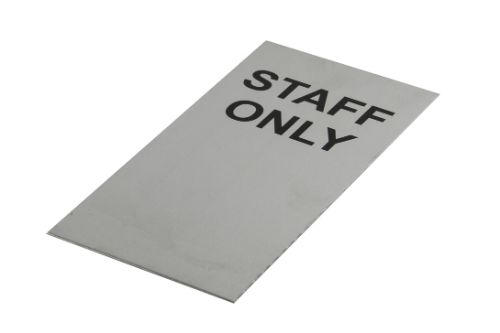 Adhesive 'Staff Only' sign in brushed stainless steel, measuring 200 x 100 mm with strong adhesive backing for easy installation.