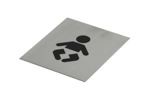 Adhesive black baby change symbol sign, 120x100mm, made of durable brushed stainless steel for easy installation and cleaning.
