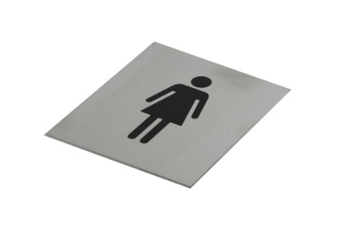 Adhesive black female toilet symbol sign, 120x100mm, with brushed stainless steel finish and durable adhesive backing.