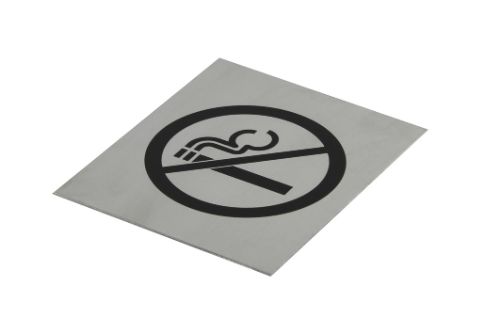 Adhesive 'No Smoking' sign in black on brushed stainless steel, 120x100mm, durable for indoor/outdoor use.