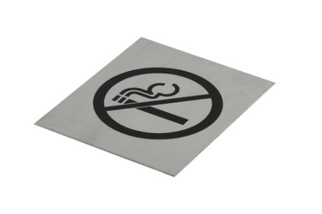 Adhesive 'No Smoking' sign in black on brushed stainless steel, 120x100mm, durable for indoor/outdoor use.