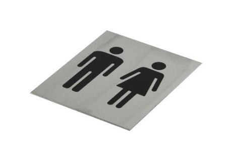 Sleek adhesive black unisex toilet symbol sign in brushed stainless steel, ideal for modern restroom decor.