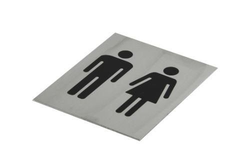 Sleek adhesive black unisex toilet symbol sign in brushed stainless steel, ideal for modern restroom decor.