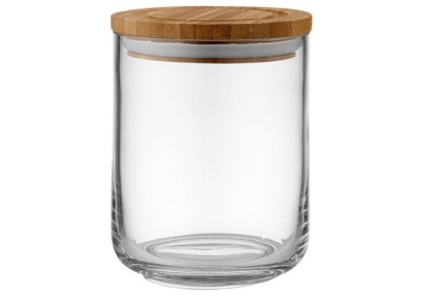 Clear 13cm glass canister with bamboo lid for stylish kitchen organization, perfect for storing cookies, spices, and more.