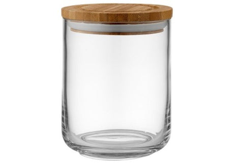 Clear 13cm glass canister with bamboo lid for stylish kitchen organization, perfect for storing cookies, spices, and more.