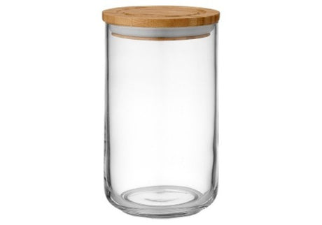 Clear glass canister with a bamboo lid, 17cm tall, perfect for stylish kitchen storage and organization.