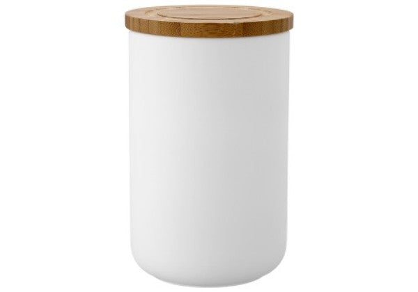 Stak Soft Matt White 17cm Canister with bamboo lid, perfect for stylish kitchen storage and organization.