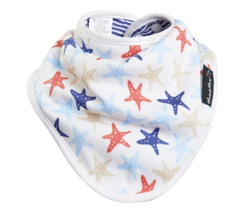 Bamboo bandana bib featuring a starfish design with blue and white stripes, waterproof and hypoallergenic for infants.