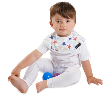Bamboo Collar Bib featuring a starfish pattern with blue and white stripes, offering 360-degree coverage for babies.