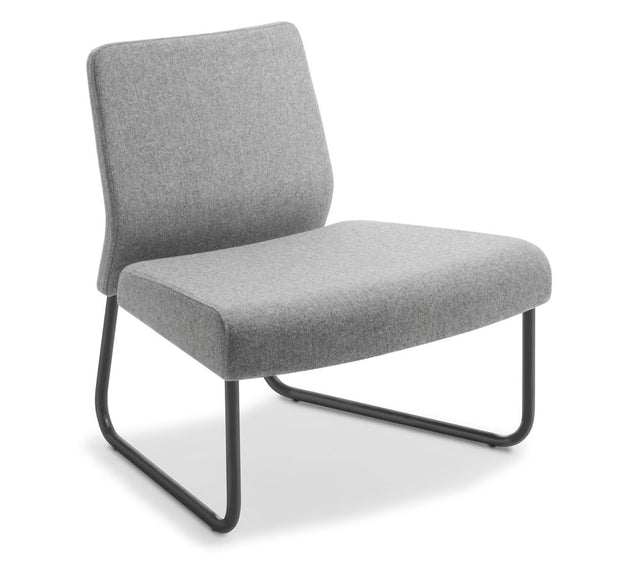 Stylish modular chair with black steel frame, generous seat, supportive lumbar backrest, ideal for public spaces.