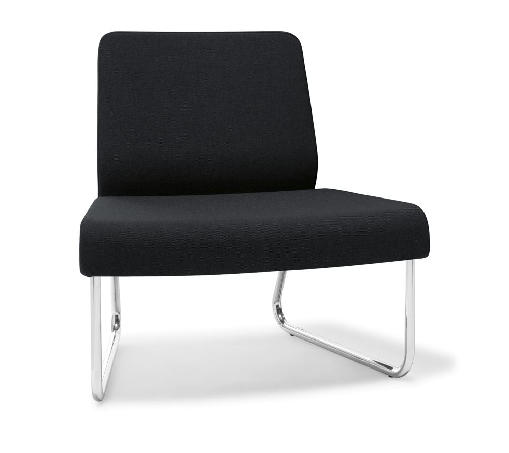 Sleek Dolly Ebony chair with chrome frame, ergonomic design, spacious seating, and modular versatility for public spaces.