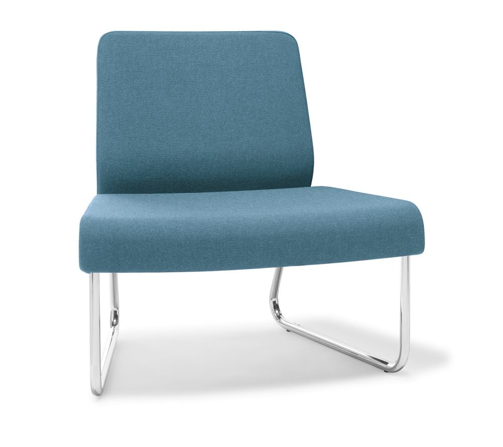 Stylish Station External chair with chrome frame, generous seat, ergonomic backrest, and customizable fabric in Peacock color.