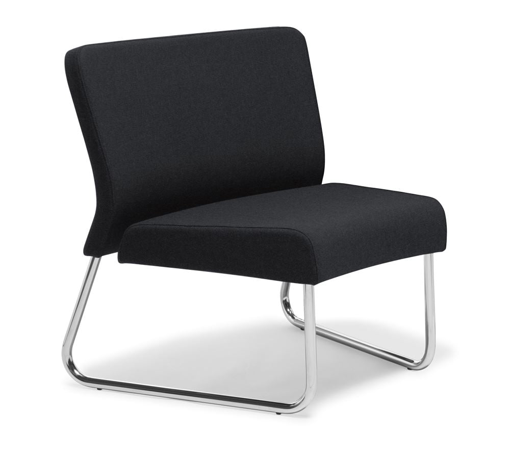 Stylish modular chair with chrome frame, generous seat, lumbar support, and customizable upholstery in Dolly Ebony.
