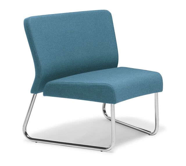 Stylish modular chair with chrome frame, lumbar contour backrest, customizable upholstery in Peacock color.