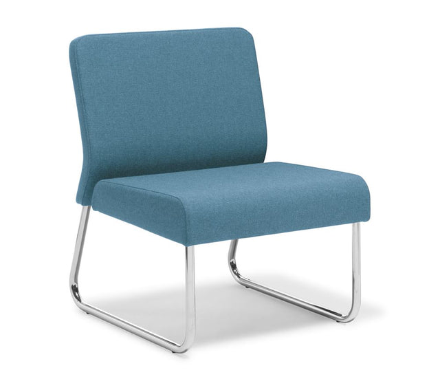 Modern chrome sled frame chair in vibrant peacock fabric, designed for comfort and adaptability in public spaces.