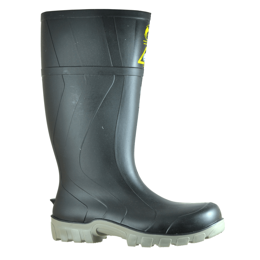 Bata Steelmate black/grey gumboots with steel toe, waterproof design, and slip-resistant outsole for construction and farming.