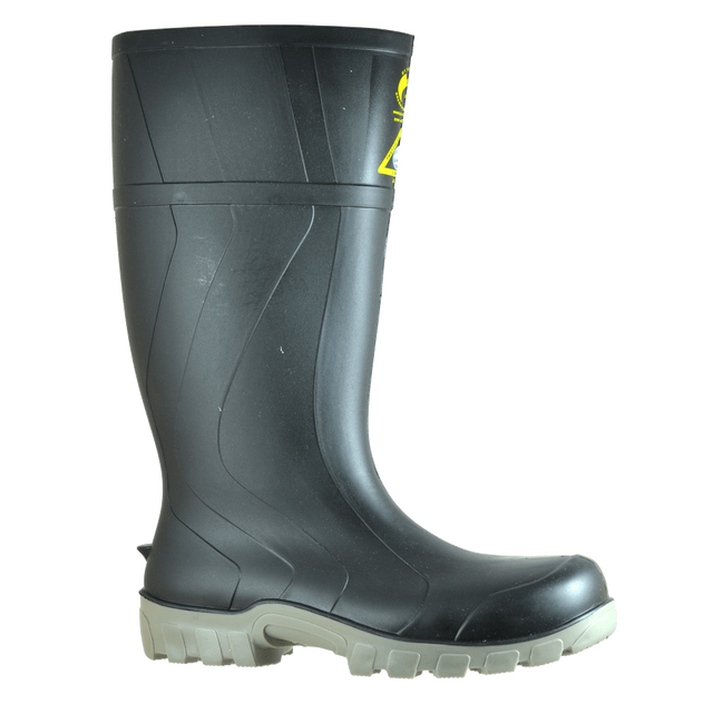 Bata Steelmate black/grey gumboots with steel toe, waterproof design, and slip-resistant outsole for construction and farming.