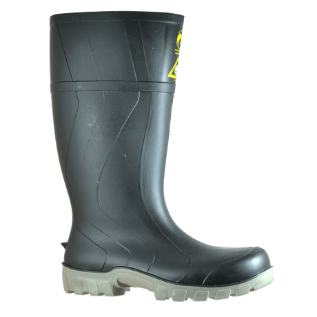 Bata Steelmate black/grey gumboots with steel toe, 300mm waterproof design for construction and farming. Size 15.