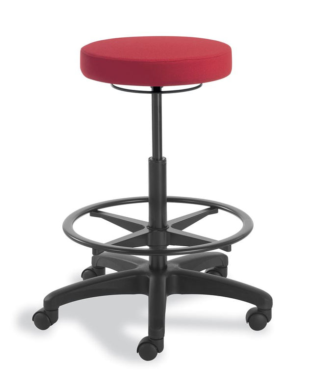 Adjustable stool with swivel base, gas lift height adjustment, large deluxe seat, and polished 5-star base in Fiesta Flame.