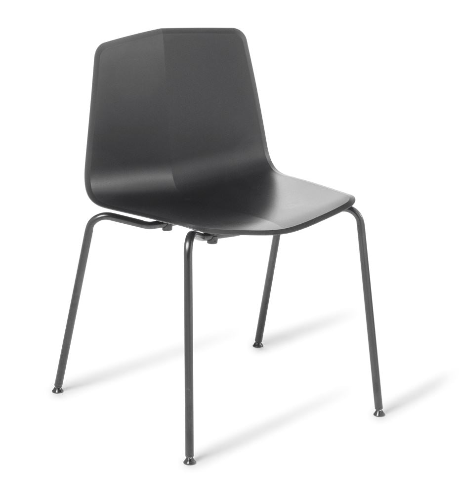 Sleek black Stratos Chair with durable polypropylene shell and powder-coated frame, perfect for modern dining or office spaces.