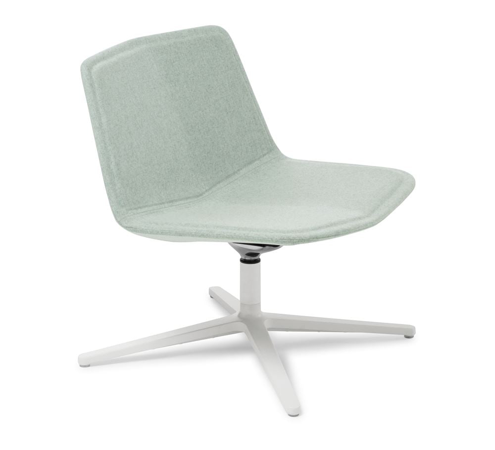 Stylish white 4-point swivel lounge chair with molded foam, heavy-duty base, and premium upholstery for modern spaces.