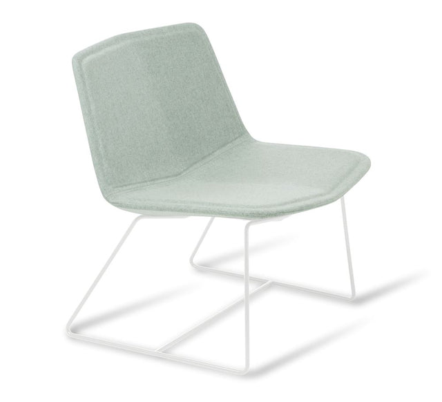 Lounge Chair Stratos features a sleek white sled base and tailored Augustus Glacier upholstery for modern elegance.