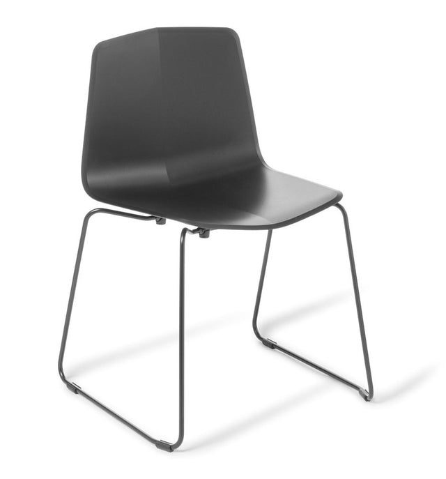 Stratos Sled Chair in black, featuring a durable polypropylene shell and a stackable sled frame, ideal for modern spaces.