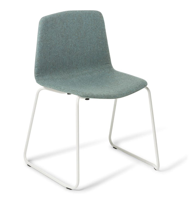 Elegant Stratos White Chair with Synergy Family upholstery, featuring a sturdy polypropylene shell and a minimalist sled frame.