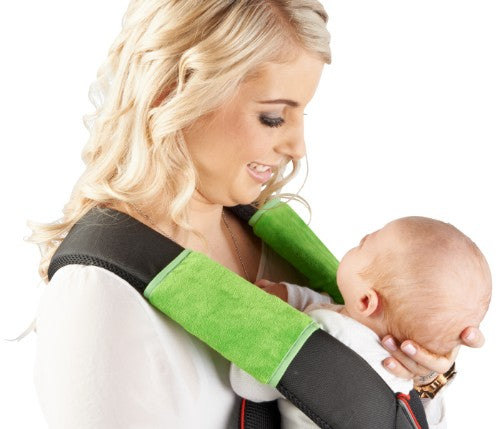 Lime strap cover sucking pads for baby carriers, made of soft cotton with water-resistant backing, easy to clean and durable.