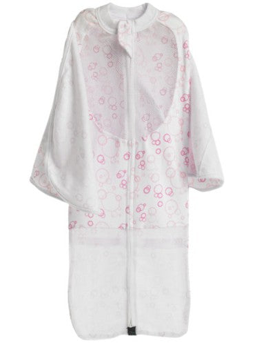 Lightweight cotton swaddle in Pink Bubbles, featuring adjustable fit, mesh panels, and double zip for easy diaper changes.