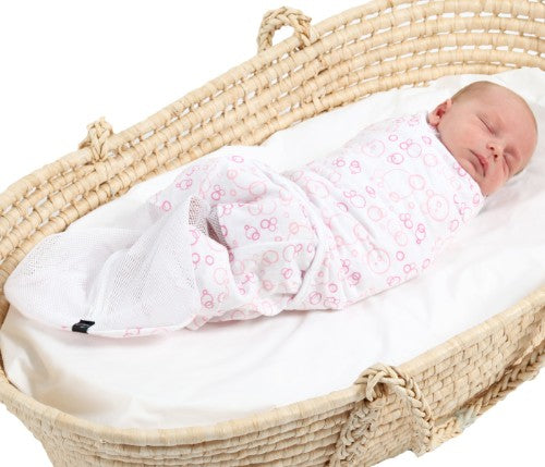 Soft cotton swaddle in Pink Bubbles, featuring mesh panels, double wrap, and easy zip for comfort and secure sleep.