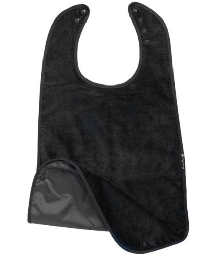 Super Sized black feeding apron with extra-absorbent cotton, stain-resistant, waterproof layer, and adjustable fit for mess-free meals.