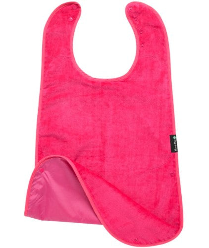 Super Sized Feeding Apron in bright Cerise, crafted from cotton, extra-absorbent, stain-resistant, and adjustable for kids.