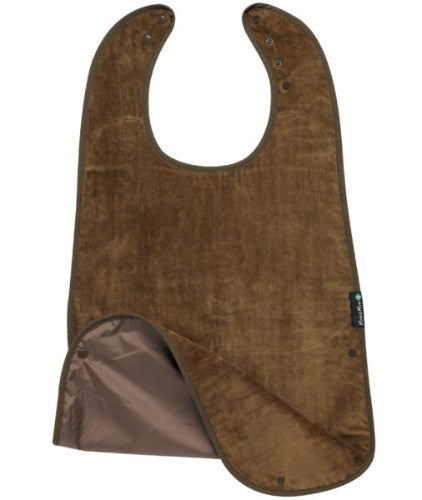 Super Sized Feeding Apron in Chocolate, extra-absorbent, stain-resistant, waterproof, adjustable fit for messy meals.