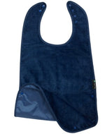 Navy Super Sized Feeding Apron made from absorbent cotton, stain-resistant, adjustable, and waterproof for mess-free meals.