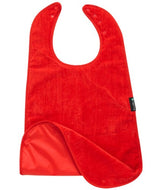 Bright red Super Sized Feeding Apron made of 100% cotton, featuring adjustable dome options, waterproof layer, and stain resistance.