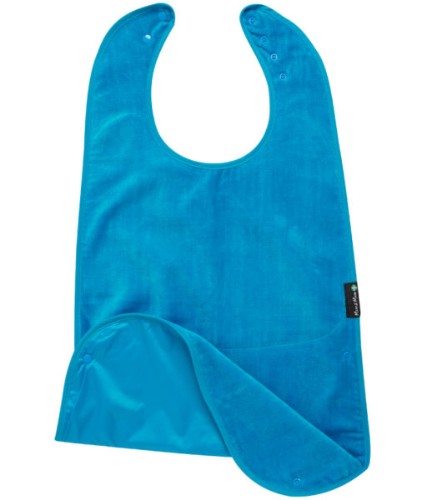 Super sized teal feeding apron made of absorbent cotton; waterproof, stain-resistant, adjustable, and machine washable.