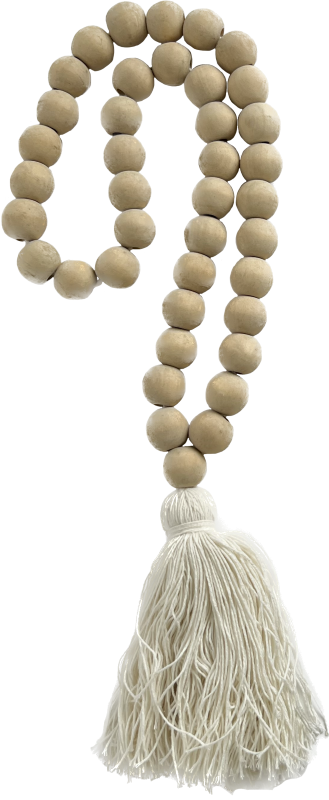 White beaded tassel measuring 55 x 2.5cm, perfect for enhancing decor with elegance and versatility.