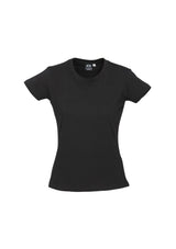 Ladies Ice Tee in Black, Size 14, showcasing soft cotton fabric, ribbed neck, and stylish design for comfort and versatility.