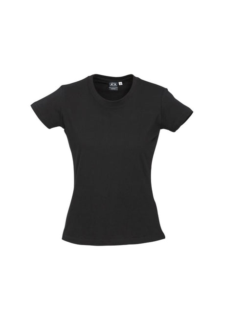 Ladies Ice Tee in Black, Size 14, showcasing soft cotton fabric, ribbed neck, and stylish design for comfort and versatility.
