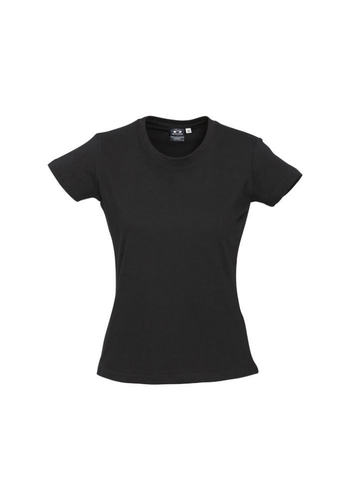 Black Ladies Ice Tee, size 12, made from soft 100% combed cotton with ribbed neck and durable twin needle hems.