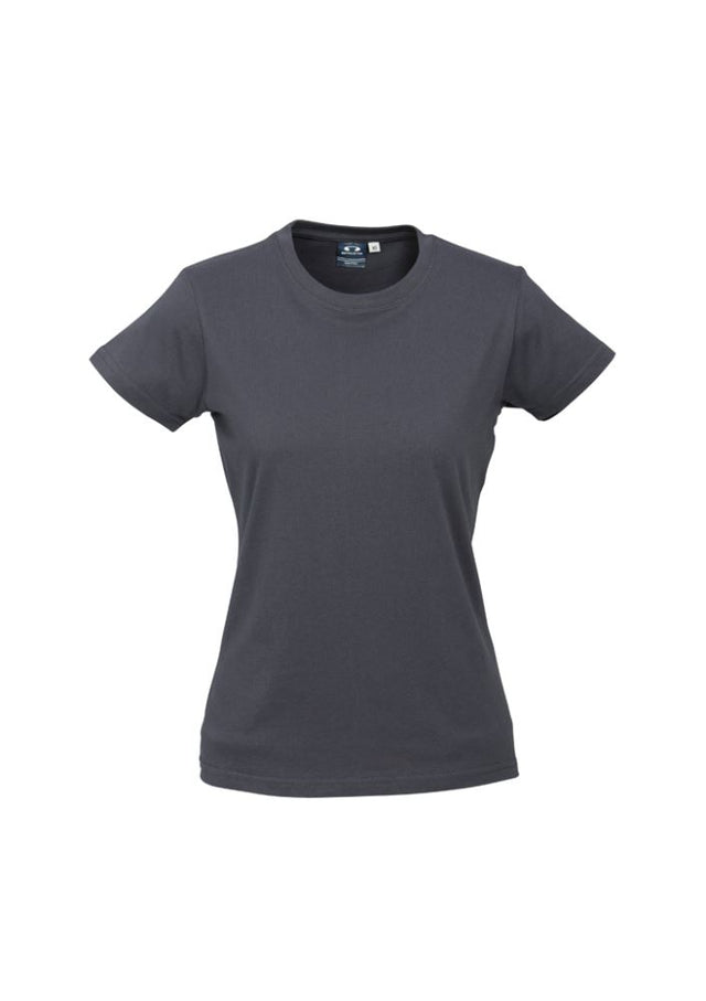 Ladies Ice Tee in charcoal, Size 6, showcasing lightweight 100% cotton fabric, ribbed neck, and stylish fit for casual wear.