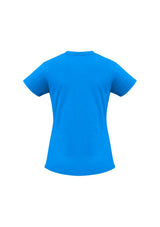 Bright Neon Cyan Ladies Ice Tee, size 6, made of soft 100% cotton with stretchy neck, durable hems, and perfect for casual wear.