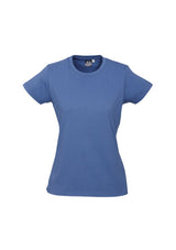 Ladies Ice Tee in Denim, size 16, showcases a stylish yet comfortable design with a ribbed neck and durable hems.