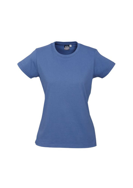 Ladies Ice Tee in Denim, size 12, features soft fabric, ribbed neck, and durable stitching for stylish comfort.