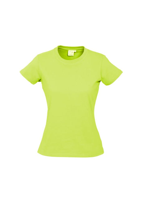 Bright fluoro yellow/lime ladies ice tee, size 18, featuring breathable fabric, ribbed neck, and easy tear-away label for branding.